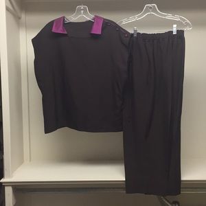 100% silk top and crop pant. Contrasting collar